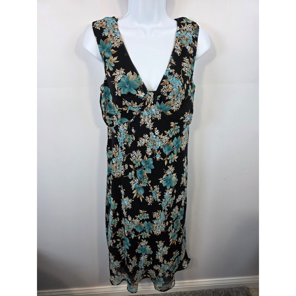Connected Apparel Black Floral Print V Neck Midi Dress Women's Size 6 /A100